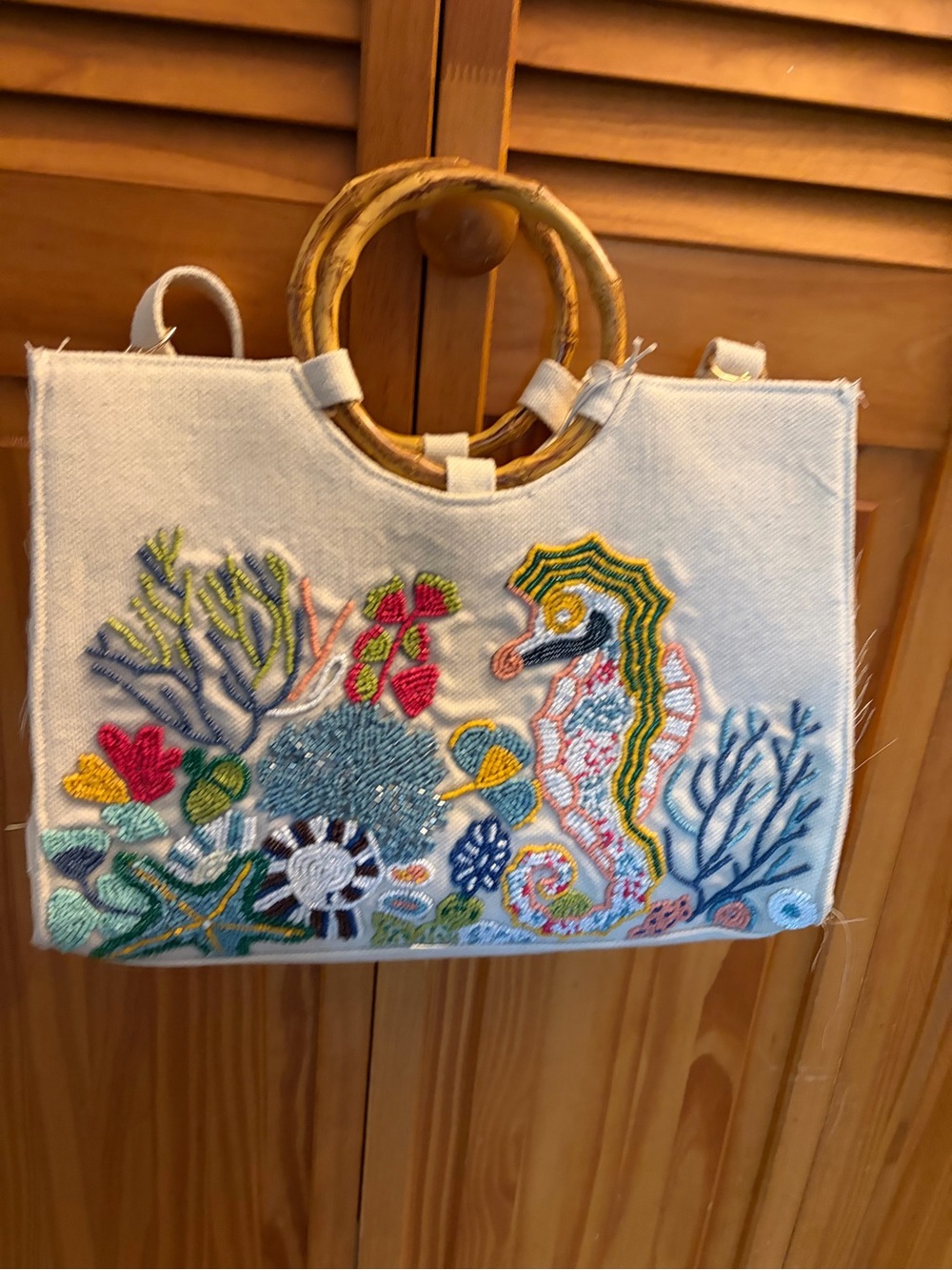 Embroidered Seahorse Canvas Tote Bag with Bamboo Handles - Beige